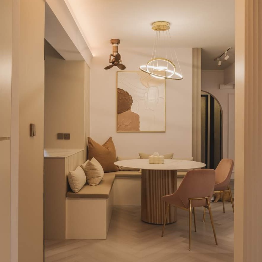 Acorn DC360 Corner Fan Ceiling & Wall Mount In Sand Gold at dining room corner