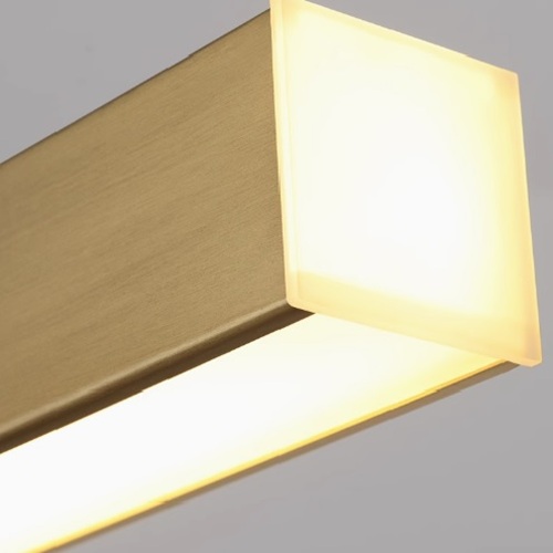 Macro close-up side view showing the premium brushed metal frame and frosted acrylic diffuser of the gold LED hanging light with remote.