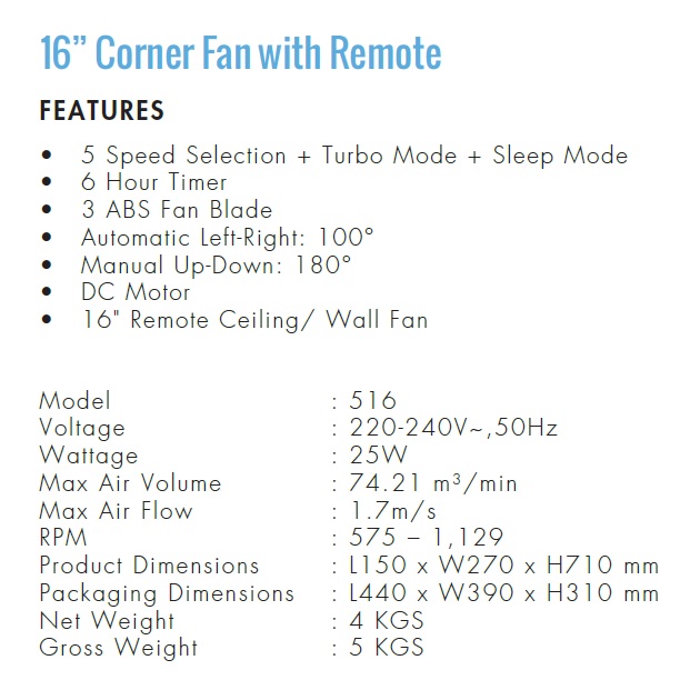 Mistral D'Fan Corner Fan Specifications