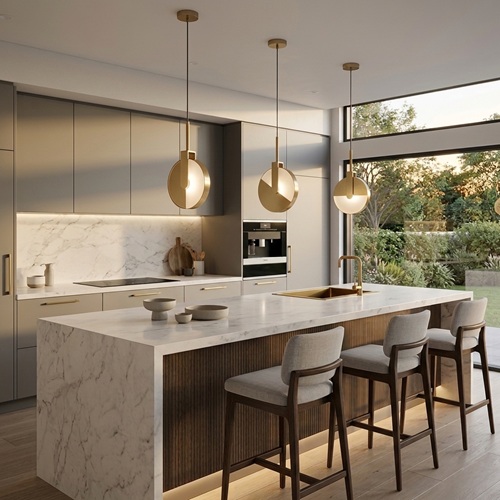 3 single piece Solaris gold mid century pendant light installed above a modern kitchen island