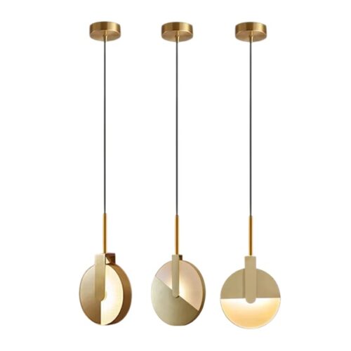 Solaris gold mid century pendant light, also kitchen pendant lighting in matt gold showing three design angle options