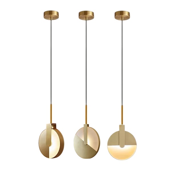 Solaris gold mid century pendant light, also kitchen pendant lighting in matt gold showing three design angle options