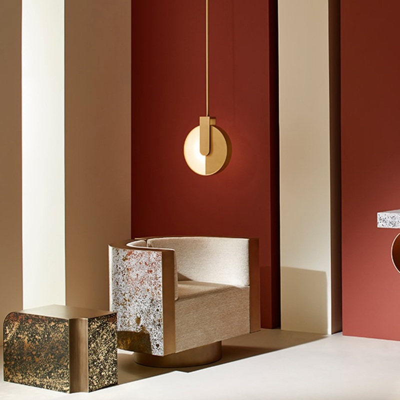Solaris gold mid century pendant light used as a dining light for cozy corner styling