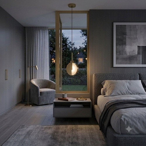 Solaris gold mid century pendant light used as a bedside pendant light in a modern bedroom