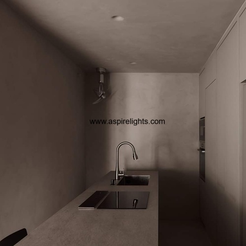trimless gypsum downlight in organic minimalist kitchen ceiling.