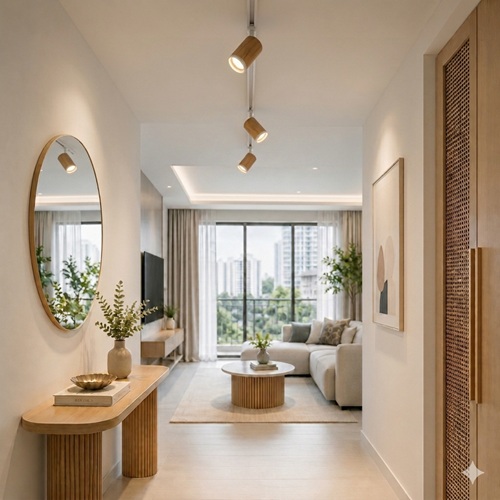 Ceiling track light fixture with wood spotlights for foyer and living room