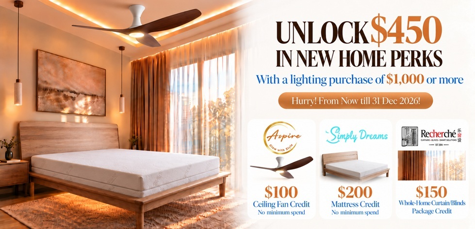 Aspire Lightings warm bedroom setup with ceiling fan, cove lighting, and pendant lights featuring $450 home perks promotion with Simply Dreams mattress and Recherché curtains