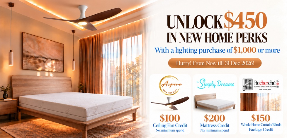 Aspire Lightings warm bedroom setup with ceiling fan, cove lighting, and pendant lights featuring $450 home perks promotion with Simply Dreams mattress and Recherché curtains