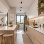 Black rose gold cylinder ceiling lights in a modern HDB kitchen