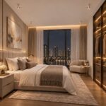 Astra white rose gold cylinder lights in a modern luxury bedroom