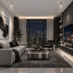 Astra white silver cylinder ceiling lights in a modern futuristic living room