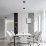 Black Halo recessed downlights in a modern Nordic dining room with white ceiling
