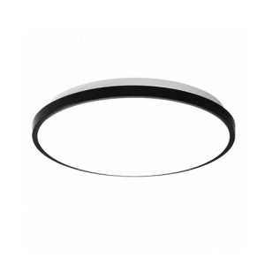Elemental round black 40cm LED ceiling light with an aluminum frame and an acrylic diffuser.
