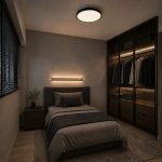 Modern 40cm LED ceiling light in black installed on a Singapore condo bedroom ceiling.