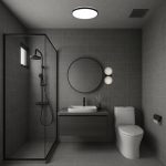 Compact Elemental black round flush mount ceiling lamp installed in a modern Singapore HDB BTO bathroom toilet.