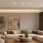 Square gypsum downlights installed in a Japandi living room false ceiling