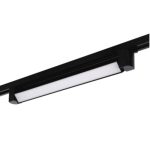Black tiltable linear track light with a white diffuser installed on a black track rail.