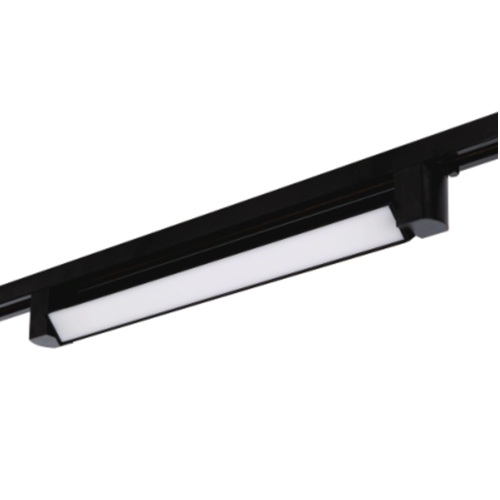 Black tiltable linear track light with a white diffuser installed on a black track rail.