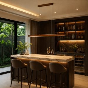 solid wood linear pendant light above bar counter in singapore landed house