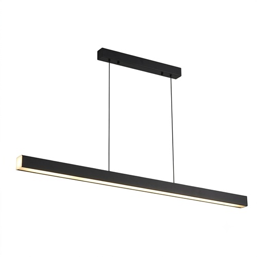 inimalist matte black hanging linear light with remote isolated on a clean white studio background.