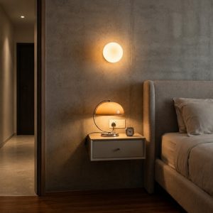 Lysa glass round wall sconce above bedside table in bedroom
