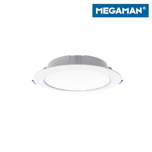 White Megaman V3 round recessed LED downlight shown from a low side angle