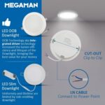 Megaman DOB downlight diagram showing built-in driver and ceiling cut-out