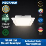Megaman square LED downlight highlighting CRI 92 and 120 lm/W efficiency
