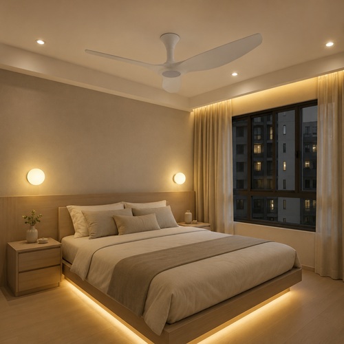 White Sleek Hugger Ceiling fan, recessed downlights, globe wall lights and LED strip lights in Singapore modern bedroom