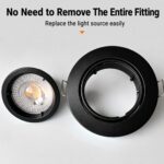 Black adjustable recessed spotlight with removable inner ring for easy bulb replacement.