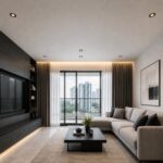 Black adjustable recessed spotlights in a modern Singapore condo living room