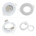 White tiltable downlight fitting shown from four angles