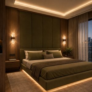 Crystal rose gold wall sconces installed on both sides of bed in luxury condo bedroom creating warm ambient glow