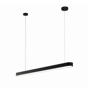 Architectural black rectangle ceiling light fixture with clean suspension cables shown on a white background.