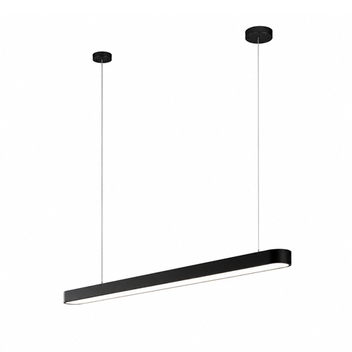 Architectural black rectangle ceiling light fixture with clean suspension cables shown on a white background.