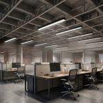 Black linear rectangle ceiling light suspended above commercial office desks.