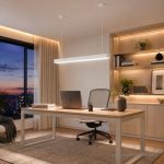 White rectangle ceiling light fixture suspended over a modern study desk setup in a premium home office.