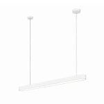 White office linear pendant light with slim suspension wires isolated on a plain white background.