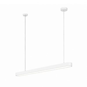 White office linear pendant light with slim suspension wires isolated on a plain white background.
