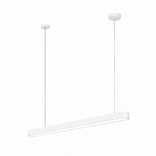 White office linear pendant light with slim suspension wires isolated on a plain white background.