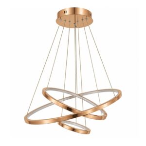 Rose gold triple ring pendant light installed above a marble dining table