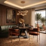 Triple Rose gold ring pendant light above a round dining table in a modern dining room