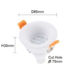 Halo downlight dimensions: 85mm diameter, 35mm height and 75mm cut-out