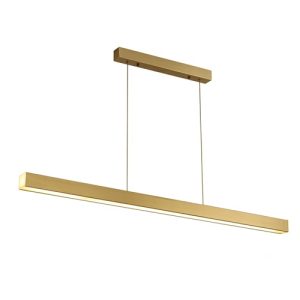 Minimalist 100cm linear gold LED hanging light with remote isolated on a plain white studio background.