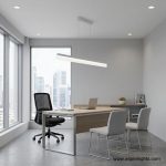 white minimalist linear pendant light in office setup, above office table