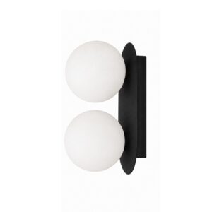Matte black double globe wall sconce mounted on a white wall with light-diffusing frosted glass orbs.