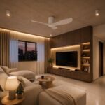 Point One Gust white hugger ceiling fan with Blade 06 in BTO living room