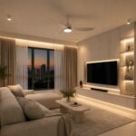 White Bestar Razor Ceiling fan with LED light in minimalist HDB BTO living room
