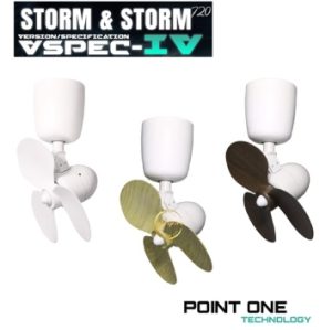 Point One Storm ceiling fan corner model in white, white with walnut blade, and white with pinewood blade options