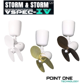Point One Storm ceiling fan corner model in white, white with walnut blade, and white with pinewood blade options